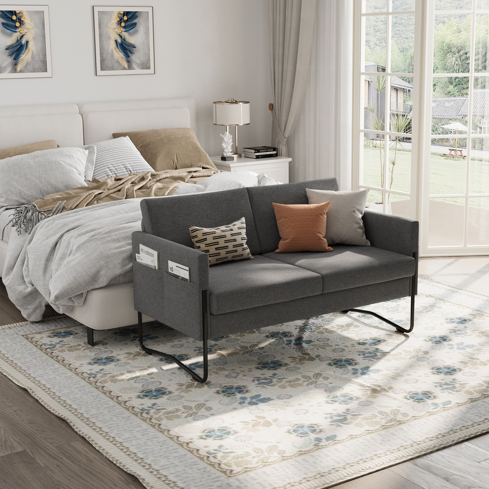 Wrought Studio™ 51" W Linen Fabric Modern Couches With Iron Legs, Small